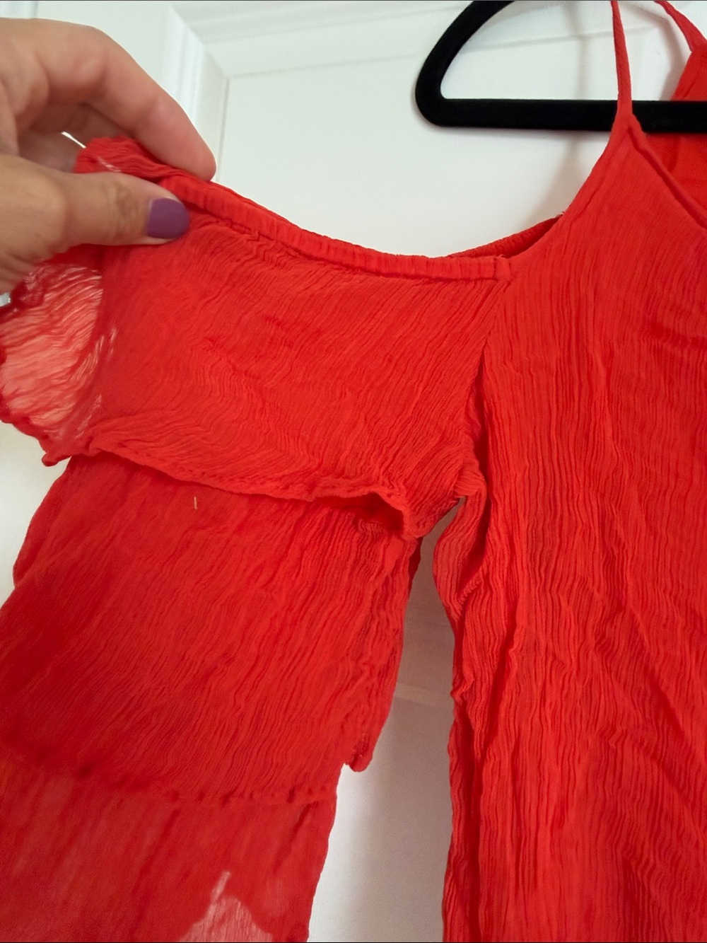 Maeve Red Cold-Shoulder Ruffle Button-Front Blouse - Picture 4 of 6